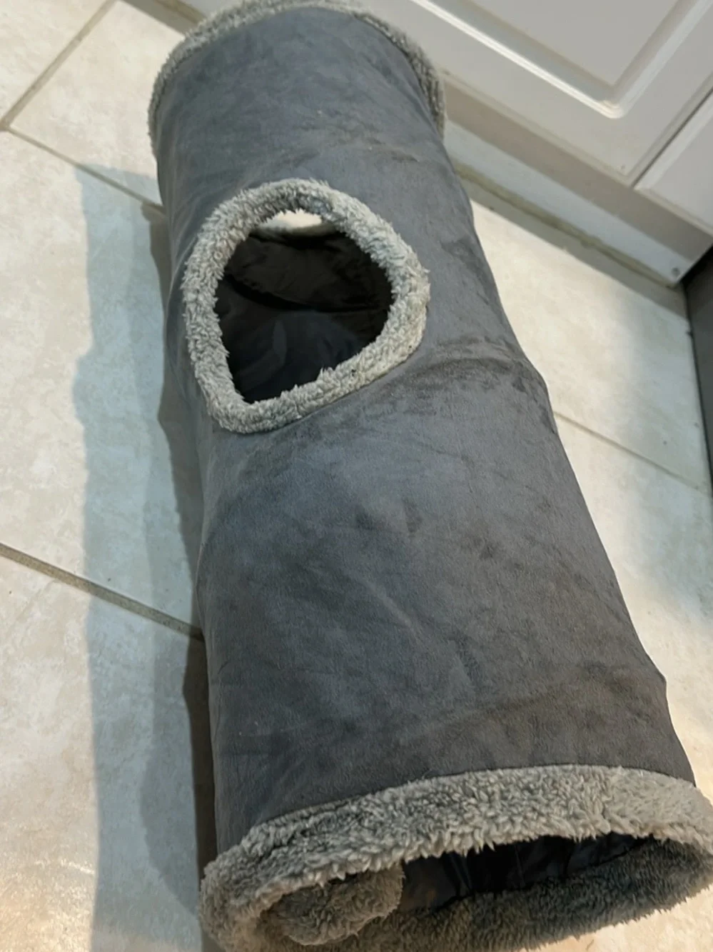 Collapsible Soft Suede Cat Tunnel Toy with Peek-a-Boo Hole & Hanging Ball (Gray,